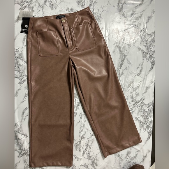 Bagatelle Khaki wide leg cropped faux vegan leather with gold embellishment pant - Picture 3 of 4